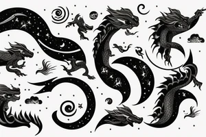 a woman surrounded by dragons and a backdrop of the moon with additional waves and mountains tattoo idea
