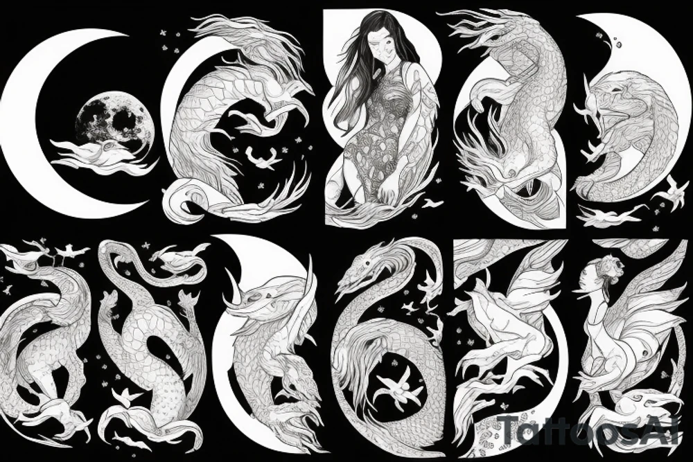 a woman surrounded by dragons and a backdrop of the moon with additional waves and mountains tattoo idea