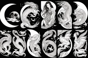 a woman surrounded by dragons and a backdrop of the moon with additional waves and mountains tattoo idea