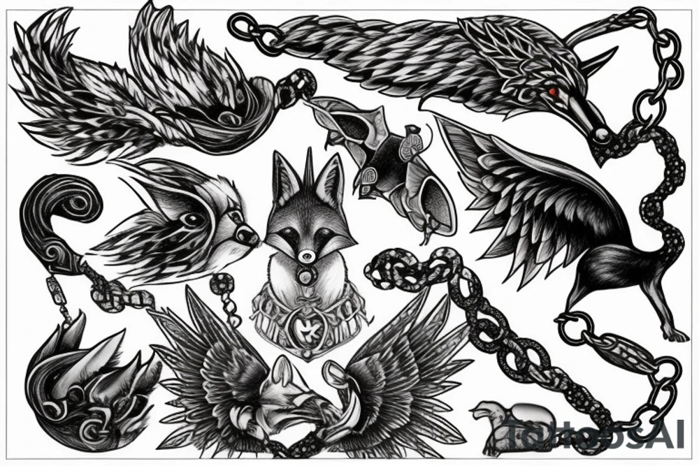 the tattoo shows chains that fly apart and a fox looks out of the abyss tattoo idea