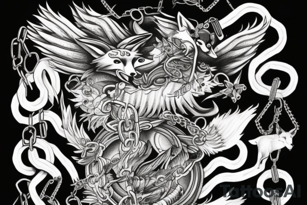 the tattoo shows chains that fly apart and a fox looks out of the abyss tattoo idea