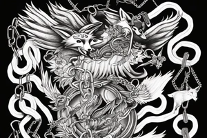 the tattoo shows chains that fly apart and a fox looks out of the abyss tattoo idea