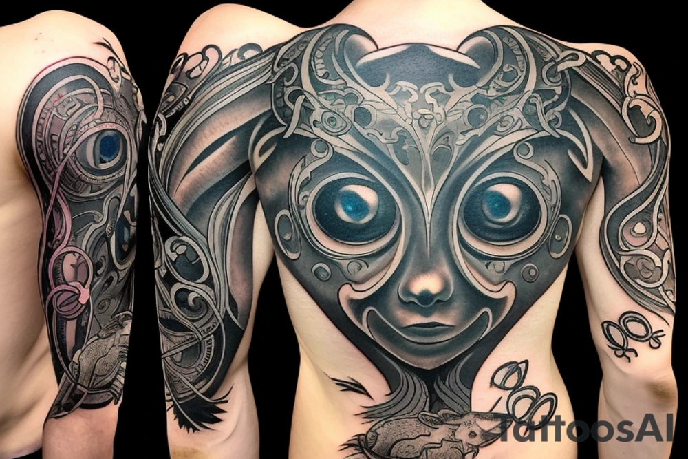 the tattoo shows chains that fly apart and a fox looks out of the abyss tattoo idea