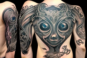 the tattoo shows chains that fly apart and a fox looks out of the abyss tattoo idea