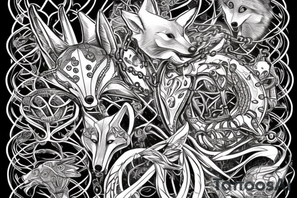 the tattoo shows chains that fly apart and a fox looks out of the abyss tattoo idea