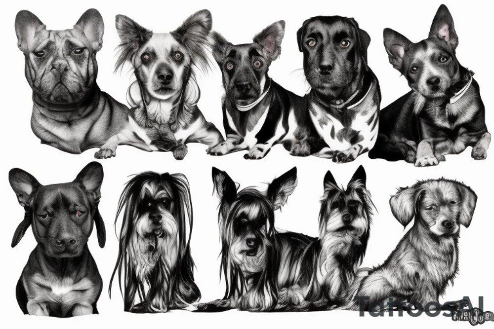 the photo has 6 dogs. three on one side, and three on the other side, facing each other.
they are all different races and fierce, detailed tattoo idea