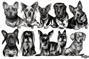 the photo has 6 dogs. three on one side, and three on the other side, facing each other.
they are all different races and fierce, detailed tattoo idea