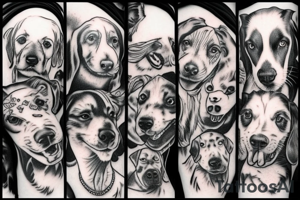 the photo has 6 dogs. three on one side, and three on the other side, facing each other.
they are all different races and fierce, detailed tattoo idea