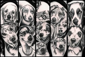 the photo has 6 dogs. three on one side, and three on the other side, facing each other.
they are all different races and fierce, detailed tattoo idea