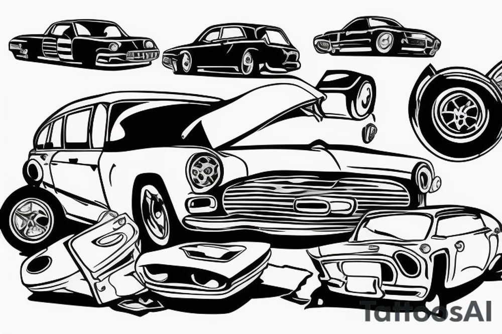 crashed car on road tattoo idea