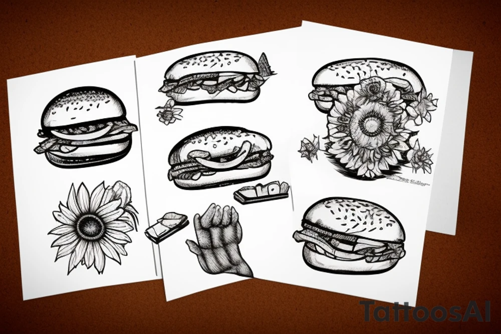 cat with burgers and a sunflower tattoo idea