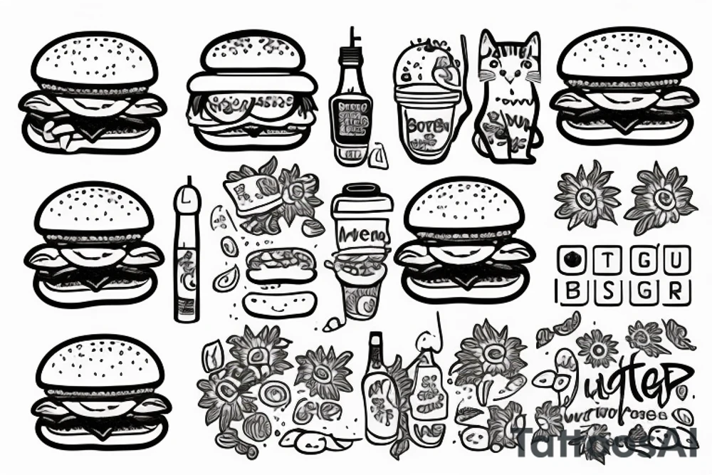 cat with burgers and a sunflower tattoo idea