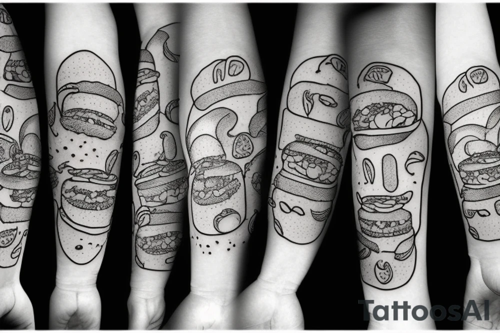 cat, mushrooms and burgers tattoo idea