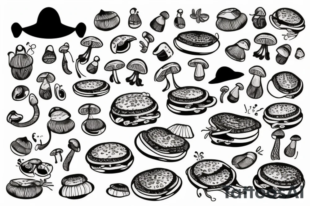 cat, mushrooms and burgers tattoo idea