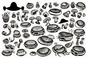 cat, mushrooms and burgers tattoo idea