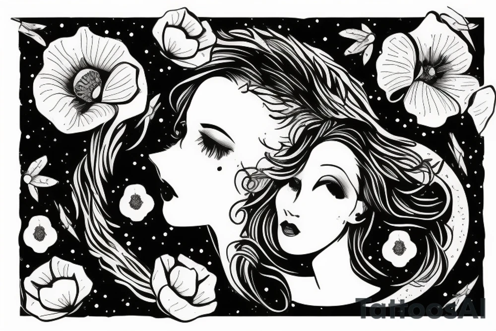 Virgo maiden with moon and poppy flowers tattoo idea