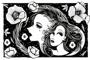 Virgo maiden with moon and poppy flowers tattoo idea