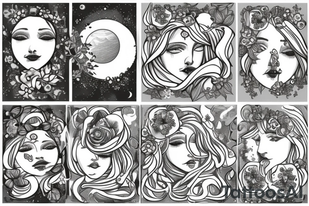 Virgo maiden with moon and poppy flowers tattoo idea