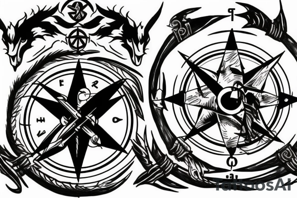 Wolves surrounding a trident with a compass involved tattoo idea