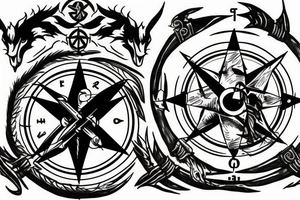 Wolves surrounding a trident with a compass involved tattoo idea