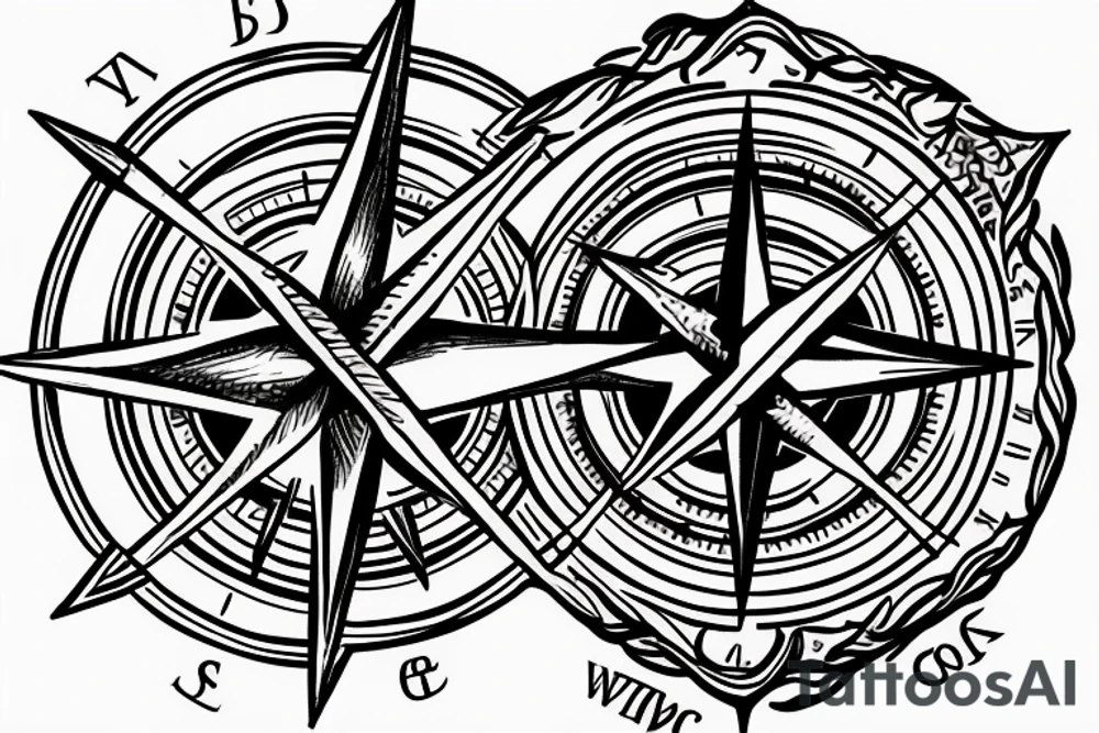 Wolves surrounding a trident with a compass involved tattoo idea