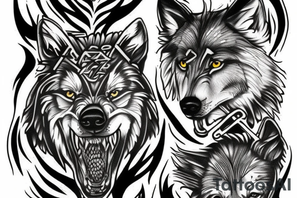 Wolves surrounding a trident tattoo idea