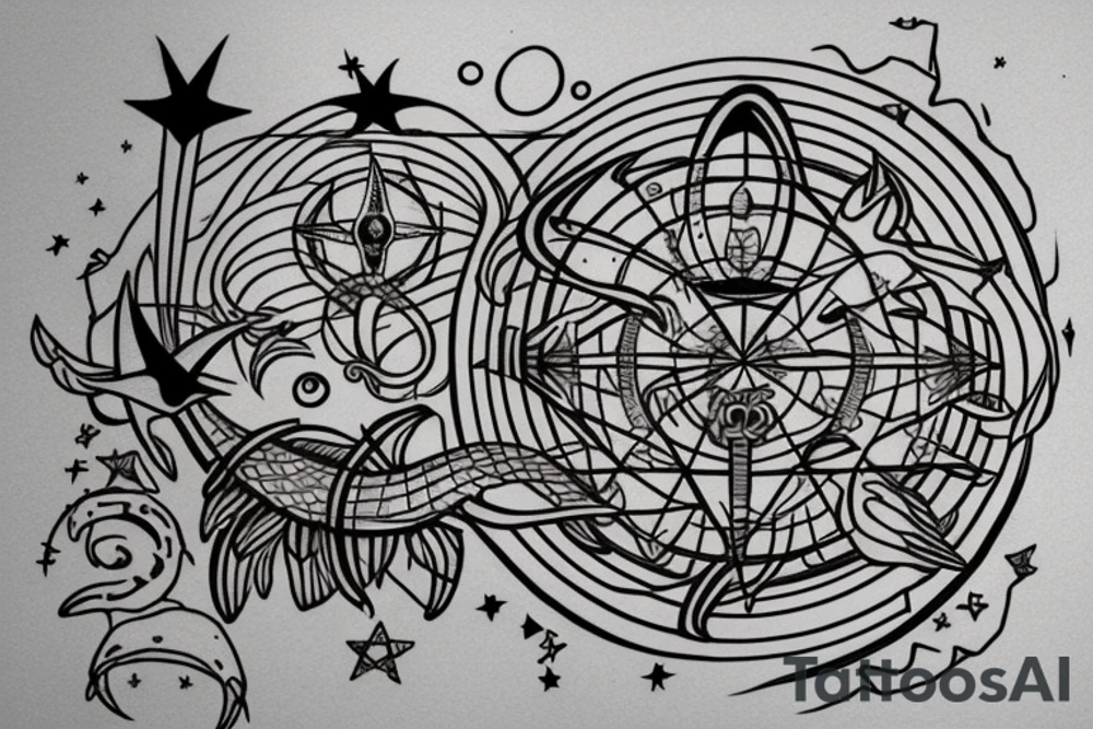 Pisces sign
Trident
Moon
Pisces constellation tattoo idea
