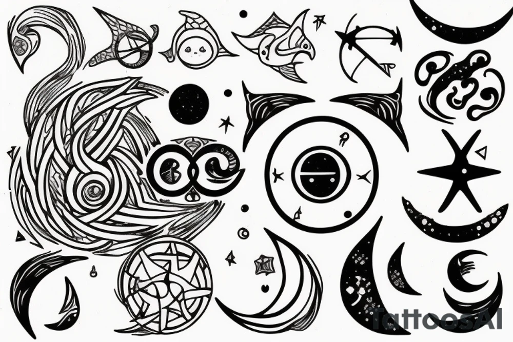 Pisces sign
Trident
Moon
Pisces constellation tattoo idea