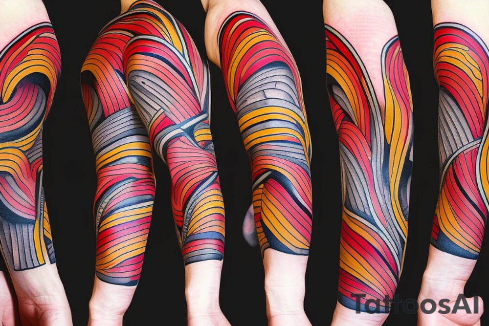 coloured tapes or/and lines which walk around the left arm tattoo idea