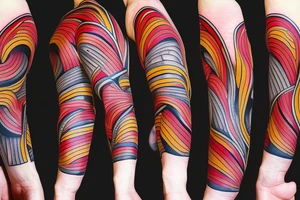 coloured tapes or/and lines which walk around the left arm tattoo idea