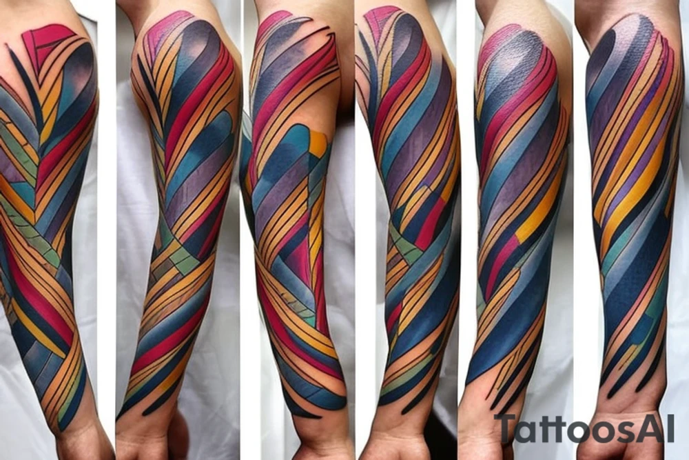 coloured tapes or/and lines which walk around the left arm tattoo idea