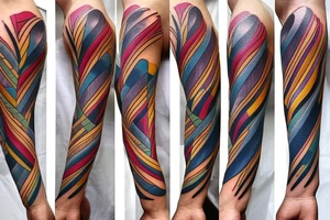 coloured tapes or/and lines which walk around the left arm tattoo idea