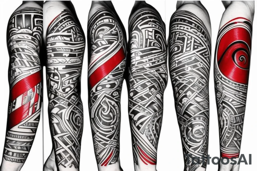 one red tape which walks around the left arm tattoo idea