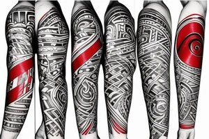 one red tape which walks around the left arm tattoo idea