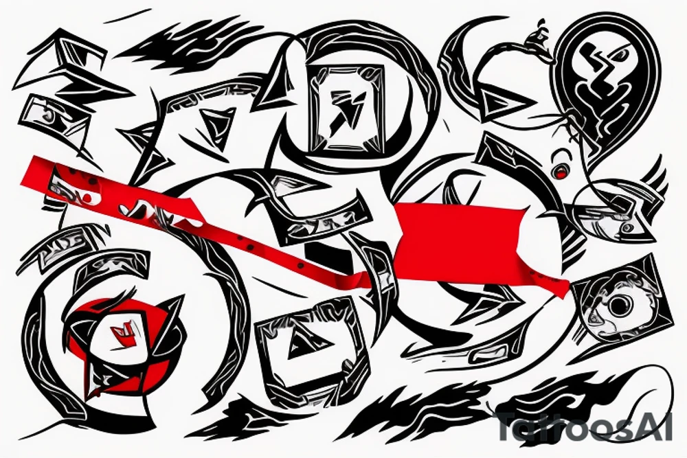 one red tape which walks around the left arm tattoo idea