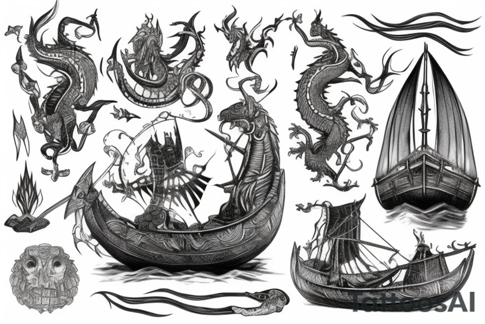 Viking ship devoured by nordic dragon tattoo idea