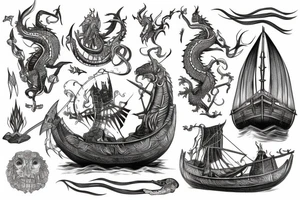 Viking ship devoured by nordic dragon tattoo idea