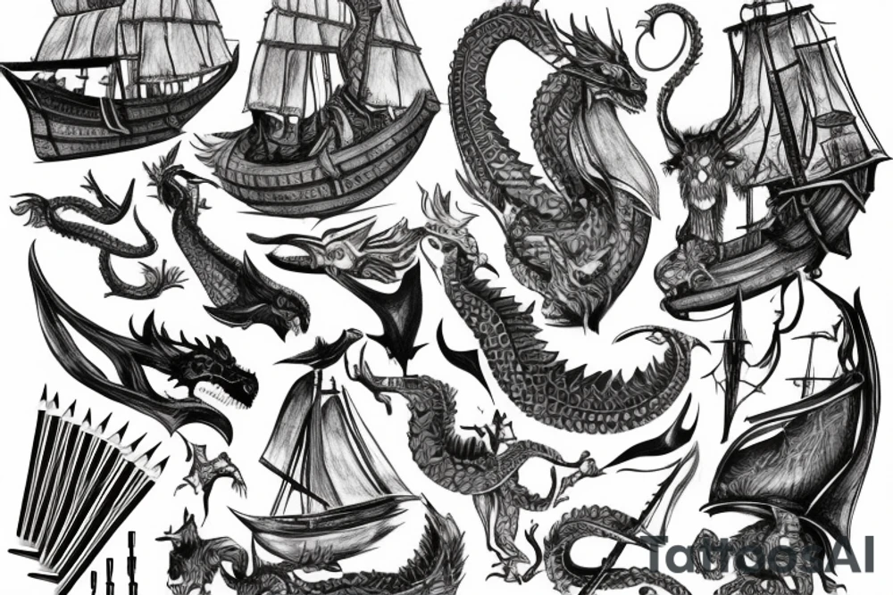 Viking ship devoured by nordic dragon tattoo idea