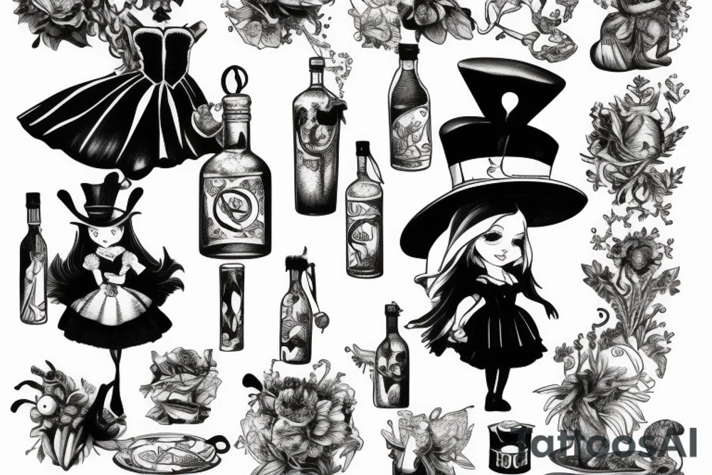 Alice in wonderland holding bottle tattoo idea