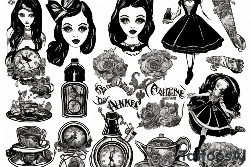 Alice in wonderland holding bottle tattoo idea
