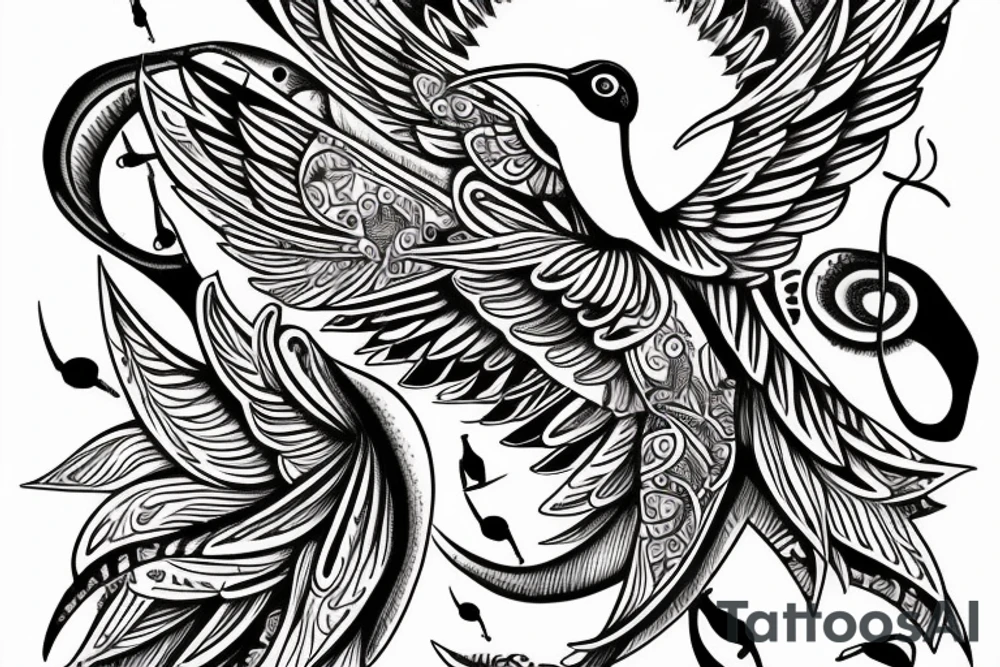 Humming bird with Skulls and music notes and mandalas tattoo idea