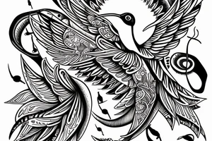 Humming bird with Skulls and music notes and mandalas tattoo idea