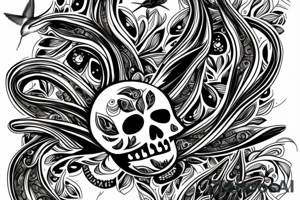 Humming bird with Skulls and music notes and mandalas tattoo idea