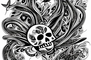 Humming bird with Skulls and music notes and mandalas tattoo idea
