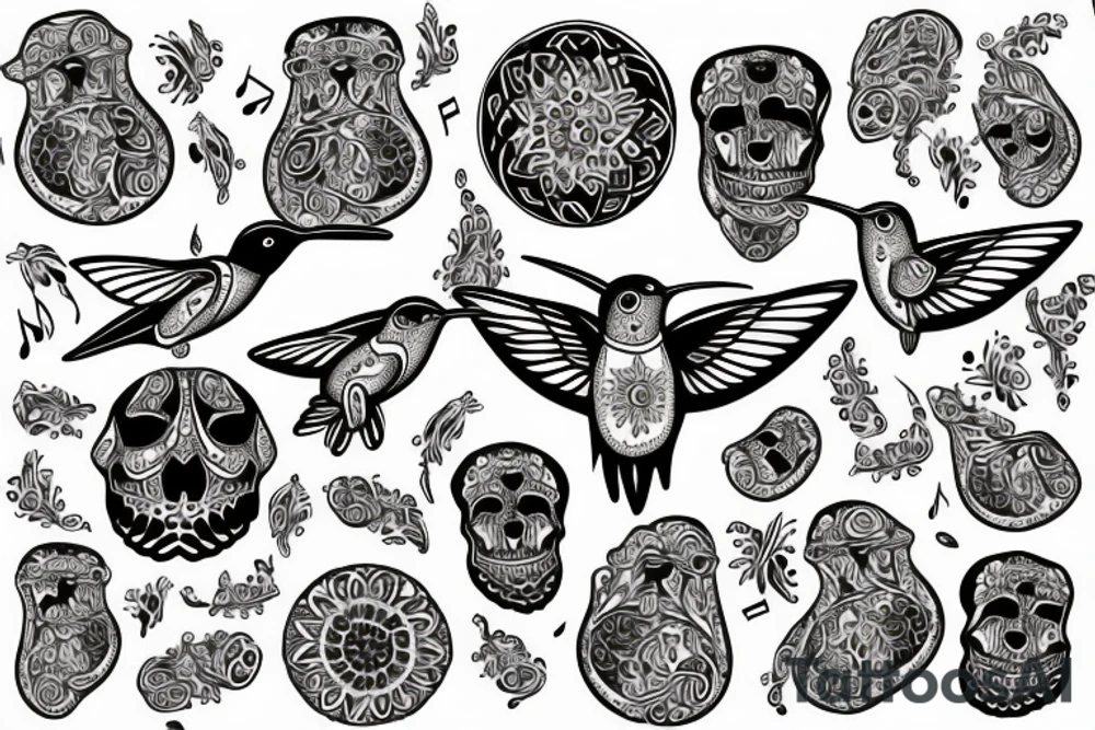 Humming bird with Skulls and music notes and mandalas tattoo idea