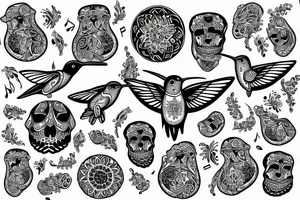 Humming bird with Skulls and music notes and mandalas tattoo idea