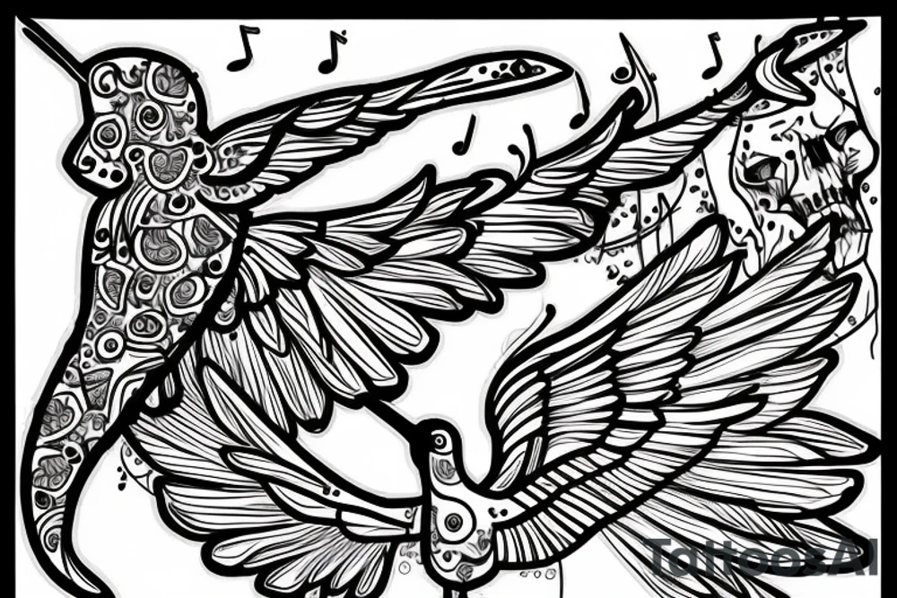 Humming bird with Skulls and music notes and mandalas tattoo idea
