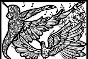 Humming bird with Skulls and music notes and mandalas tattoo idea