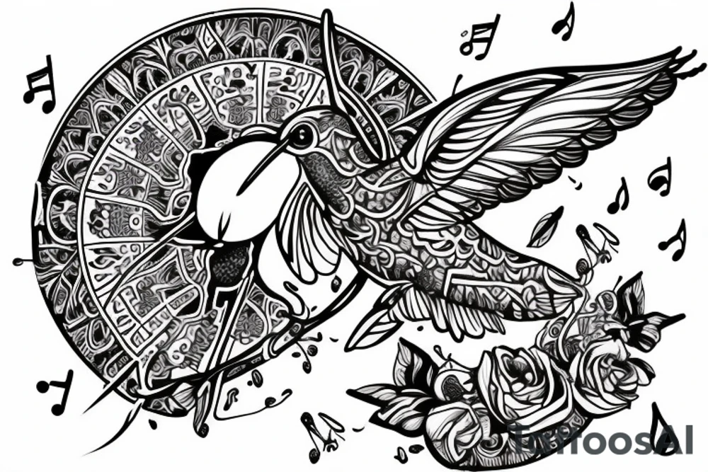 Humming bird with Skulls and music notes and mandalas tattoo idea