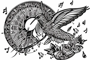 Humming bird with Skulls and music notes and mandalas tattoo idea